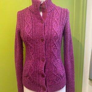 Nice Carve Designs Magenta Cable Knit Cardigan with pockets, wool and acrylic